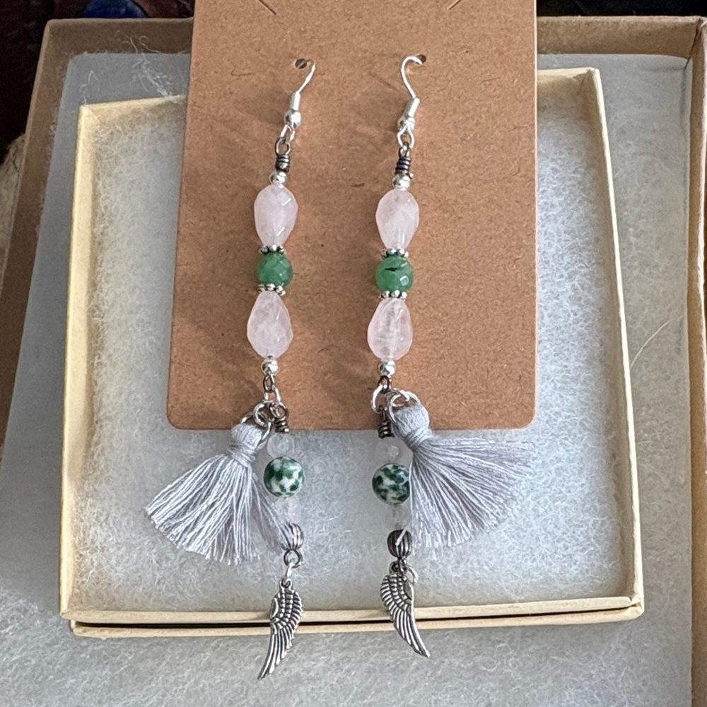 Elegant Silver and Green Beaded Tassel Earrings